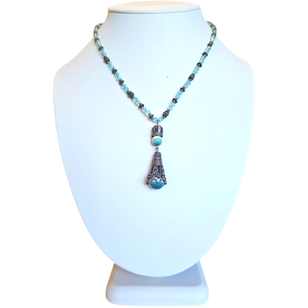 Vintage Aquamarine & Dragon Vein Agate Handcrafted Design Pendant Necklace.